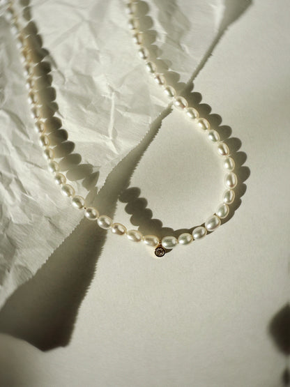 Rice pearl necklace + lab diamond charm