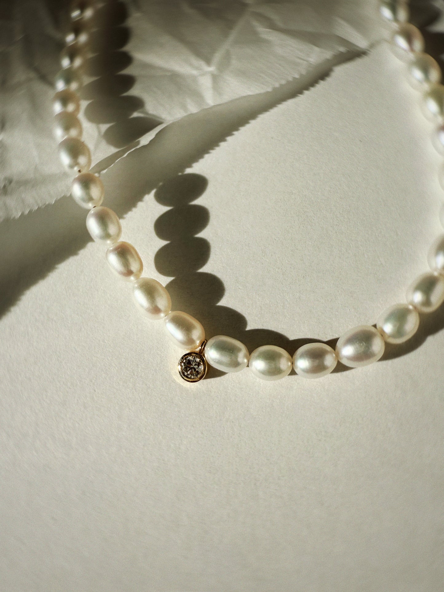 Rice pearl necklace + lab diamond charm