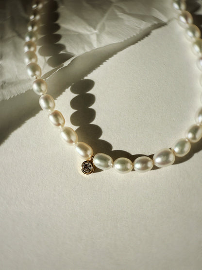 Rice pearl necklace + lab diamond charm